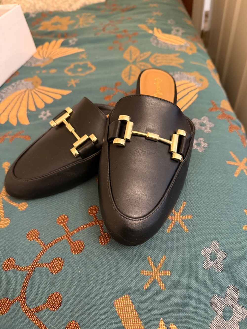 Qupid Black Slip-On Mules with Gold Hardware
